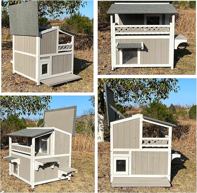 Feral Cat Shelter Outdoor Weatherproof Houses for Cats Two Story Wooden Cat House Outside Feral Cat House with Balcony Waterproof, Escape Doors