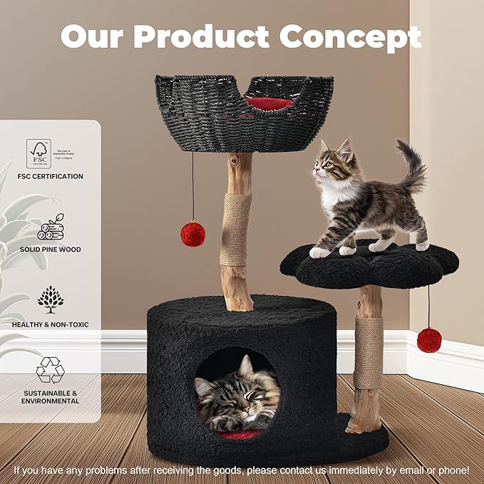 Easyego Modern Cat Tree, Aesthetic Wood Cat Tree Tower for Large Cats, Luxury Cat Condo with Scratching Posts and Flower Platforms, Cat Furniture by Easyego，(Black)