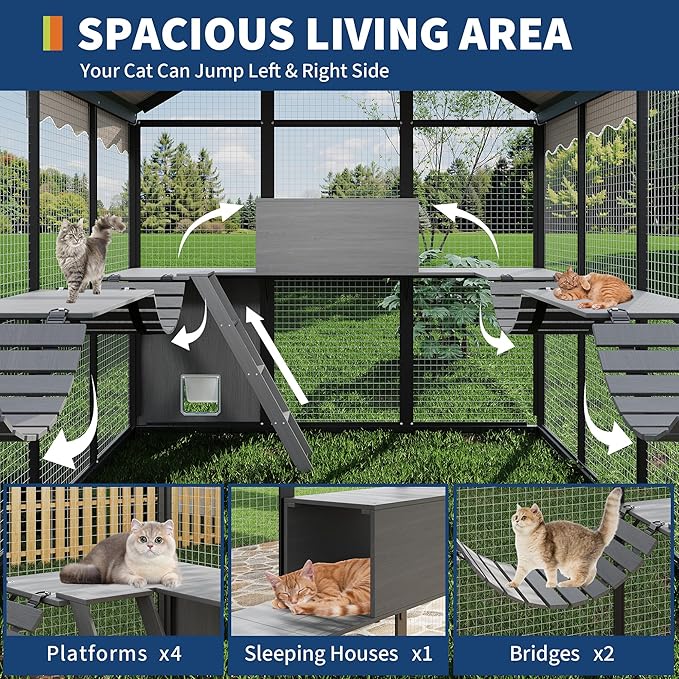 Aluminum Walk-In Large Outdoor Cat Enclosure, Large Outdoor Catio for Multiple Cats, Outside Cattery with Weatherproof Roof with Channels, Side Door, UV Proof Cover, Huge Condo, Platform