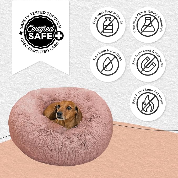 Best Friends by Sheri Original Calming Donut Dog and Cat Bed, Shag Faux Fur, Dusty Rose, (23in x 23in) - Anxiety Relief for Pets Up to 25 lbs
