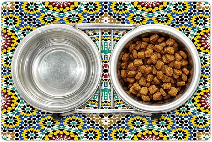 Lunarable Moroccan Pet Mat for Food and Water, Architectural Glaze Wall Tile Ceramic Historical Traveling Destinations, Non-Slip Rubber Mat for Dogs and Cats, 18" X 12", Khaki Blue