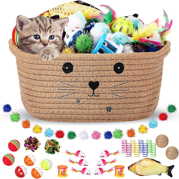 Zopeal 58 Pcs Cat Storage Basket Gift Toys Set, Colorful Flashing Balls Pet Bell Crinkle Balls Spring Toys Attract Cat to Swat, Bite, Hunt, Interactive for Pet(Khaki,9.8 Inch)