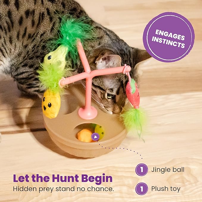 Catstages Hunt N' Wobble Fruit Bowl Wobbling Cat Toy with Five Catnip Toys, Jingle Ball, and Flingers, Multicolored
