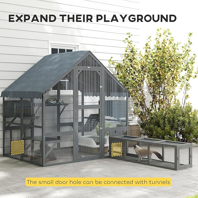 PawHut Large Catio Outdoor Cat Enclosure for Multiple Kittens, Wooden Cat House with Waterproof Cover, Walk in Kitty Cage Kennel with 2 Condos, 4 Platforms, Bridge, Doors, 73" x 55" x 74", Gray
