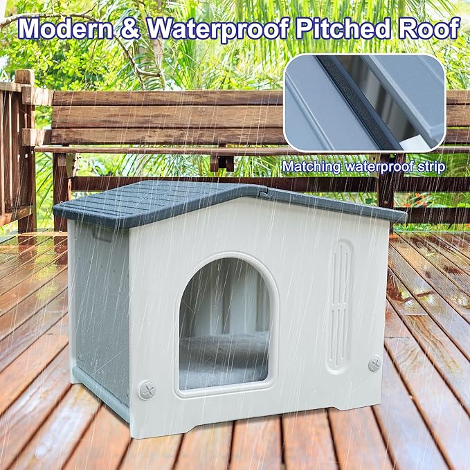 Plastic Cat House for Outdoor Indoor Use, Feral Cat House with Escape Door and Soft Mat, Cat Houses for Outdoor Cats Outside Cat Shelter for Small Pet, Assemble Easily - Grey