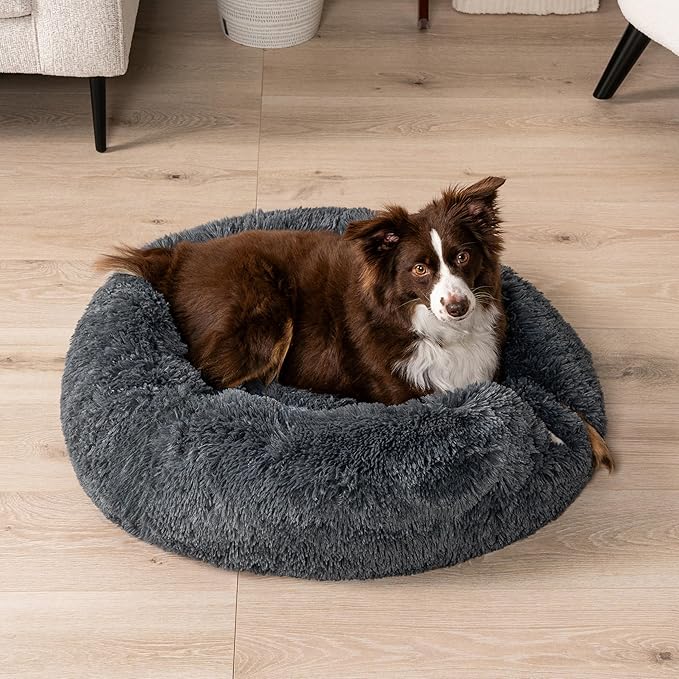 PetAmi Calming Dog Bed for Small Medium Dogs and Cats, Round Donut Washable, Fluffy Faux Fur Plush Cuddler Pet Kitten Cushion, Anti-Slip, Fits up to 45 lbs, 30 inch, Dark Gray