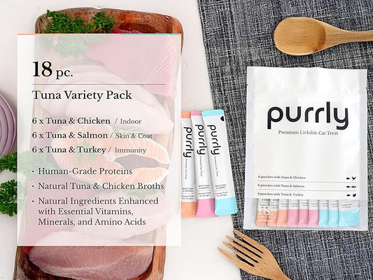 Purrly Cat Treat Snack Wet Lickable Low Calorie Healthy Grain-Free Tuna Variety Packs (18 Count) Squeezable Creamy Purée with Human-Grade Proteins and Functional Nutrients No-Artificial-Additives