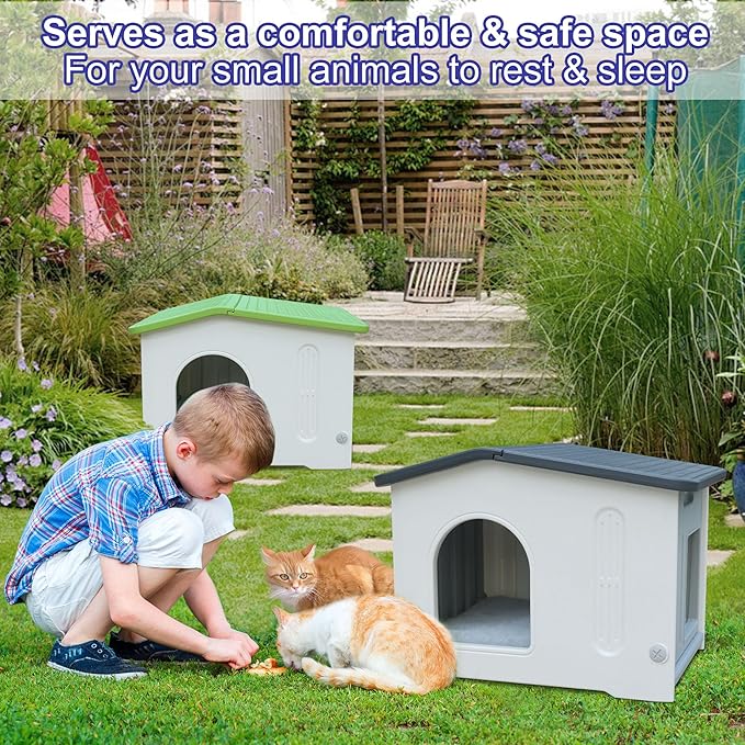 Plastic Cat House for Outdoor Indoor Use, Feral Cat House with Escape Door and Soft Mat, Cat Houses for Outdoor Cats Outside Cat Shelter for Small Pet, Assemble Easily - Grey