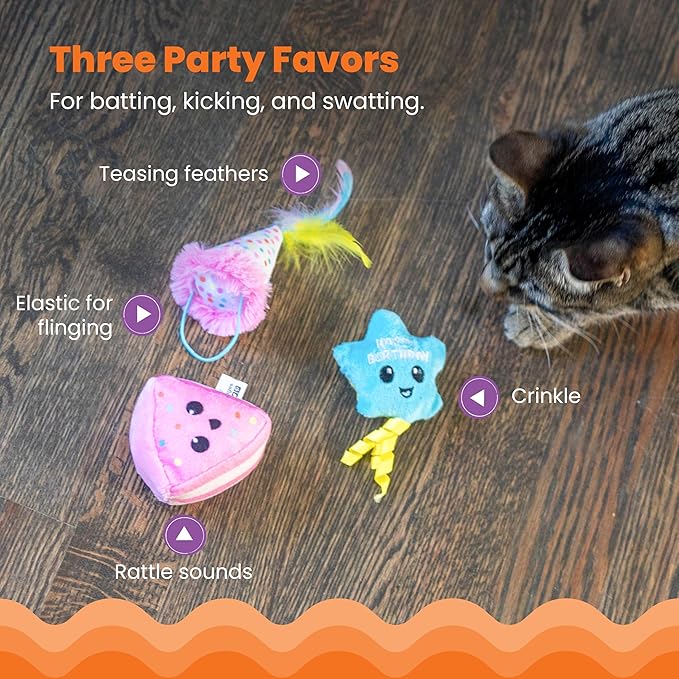 Catstages Happy Purrthday Cat Toys, 3-Pack Catnip Plush Toys with Crinkle, Feathers & Dental Mesh, Multicolored