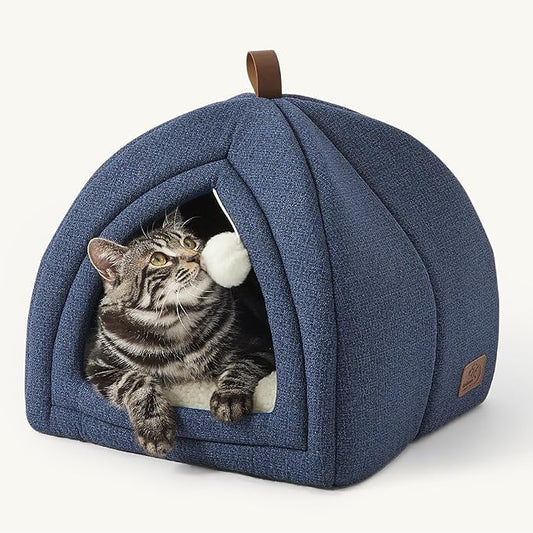 Bedsure Cat Beds for Indoor - 2 in 1 Cat Cave House Tent for Kittens and Small Pets with Removable Washable Cushioned Pillow, Foldable Kitten Hideaway with Non-Slip Bottom, Navy, 16 inches