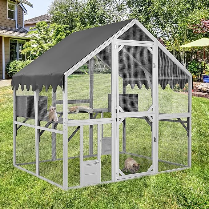 Catio Outdoor Cat Enclosure House Large for Multiple Cats, Wooden Cat Condo Cage for Outside with Waterproof Roof, Playpen, Resting Box, Platform, Bridges, Doors, 74”x57”x74”, Gray