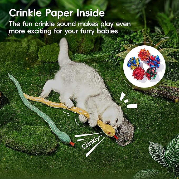 Potaroma Cat Toys Realistic Snake Catnip Crinkly Sound Toy 2 Pcs, Mesh Fabric for Teeth Cleaning, Interactive Kicker Toys for Indoor Kitten Exercise 20 Inches, Green and Yellow