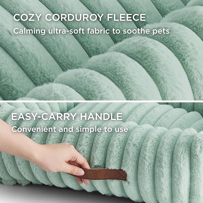 Bedsure Washable Dog Bed for Large Dogs - Cute Furry Puppy Beds, Rectangle Orthopedic Corduroy Fleece Pet Beds with Removable Zipper Cover, 43x30x8inches, Green