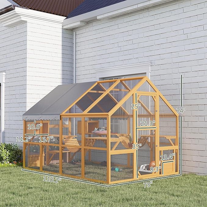 PawHut Large Catio Outdoor Cat Enclosure for Multiple Kittens, Wooden Cat House with Waterproof Cover, Walk in Kitty Cage Kennel with 2 Condos, 6 Platforms, Bridge, Doors, 110" x 73" x 74", Yellow