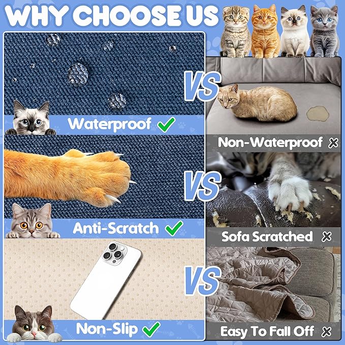 Cat Scratch Furniture Protector - Anti-Slip, Waterproof Sofa Cover to Keep Cats Off, Pet-Friendly Couch Protectors for 3 Cushion Couch, Anti-Scratch Couch Cover for Pets and Kids 118"X91"Navy Blue