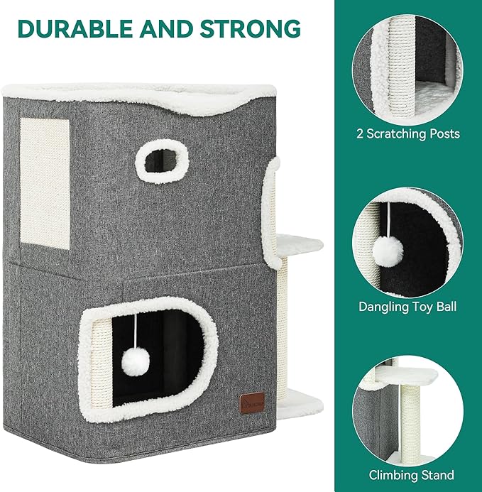 YITAHOME 2-Tier Cat House, Indoor Cat Cave Bed Playhouse, Cat Tunnels with Scratch Pad and Hideaway Cube, Cute Modern Cat Condo Furniture for Multi Small Cats, Extended (Grey)