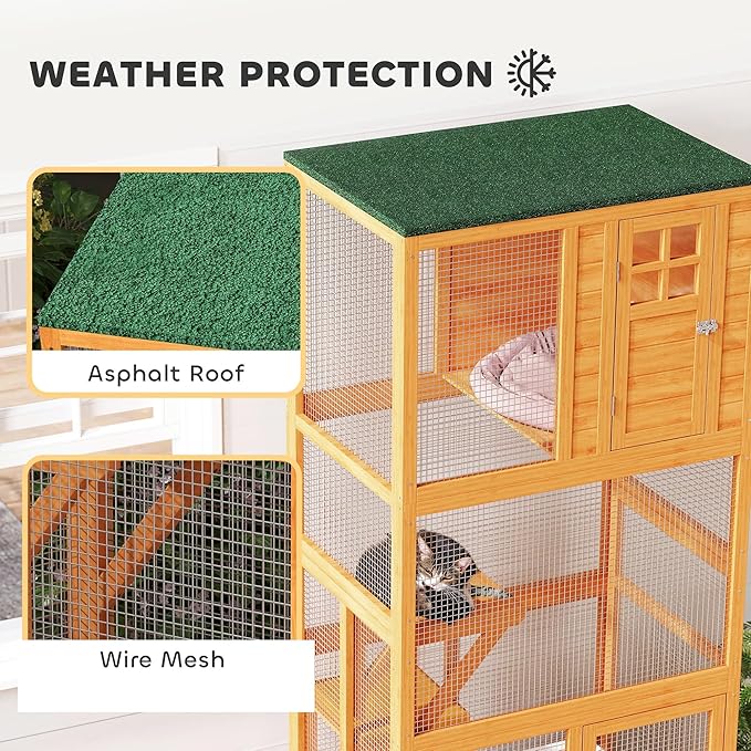 PawHut 74" Wooden Catio Outdoor Cat Enclosure Weatherproof & Wheeled, Outside Cat House with High Weight Capacity, Kitten Cage Condo, Orange