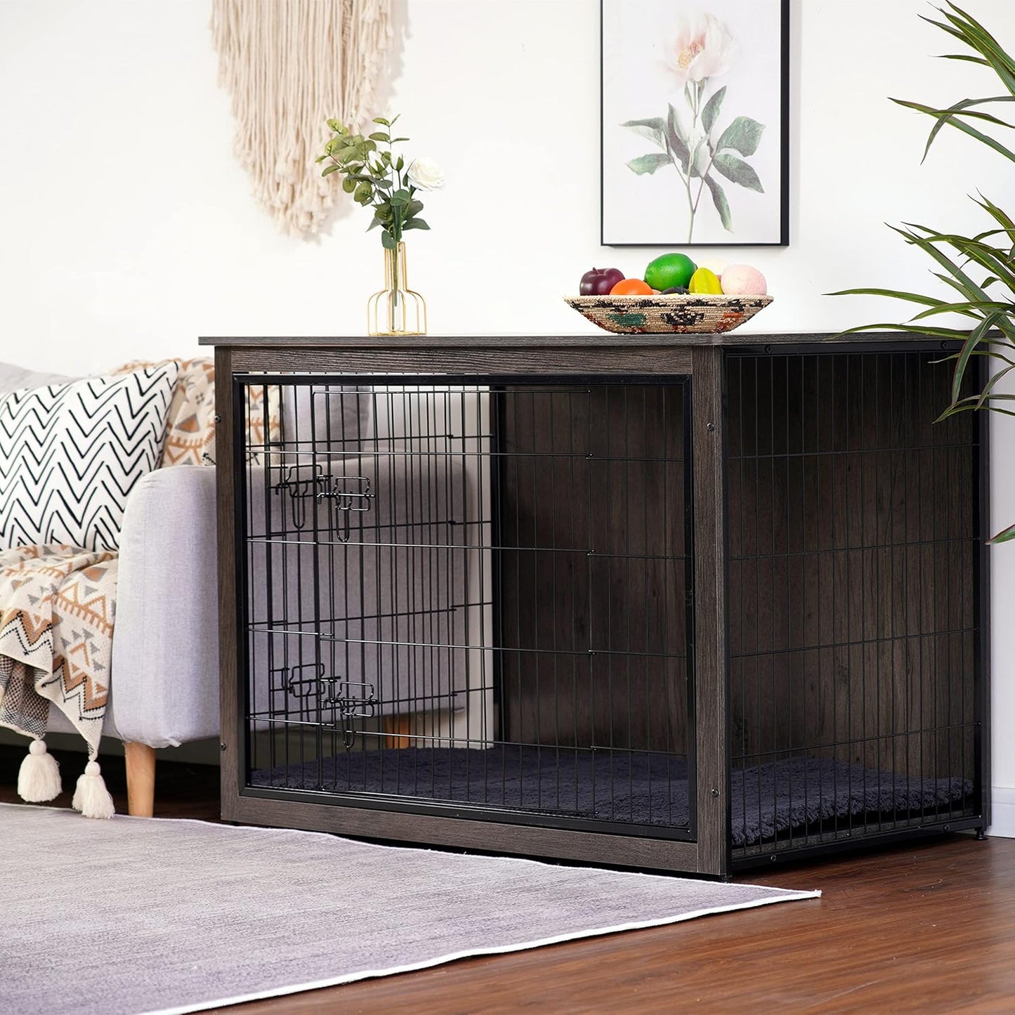 DWANTON Dog Crate Furniture with Cushion, Wooden Kennel Table with Double Doors, Indoor Dog House, Extra Large Size, 43.3" L, Dark Gray
