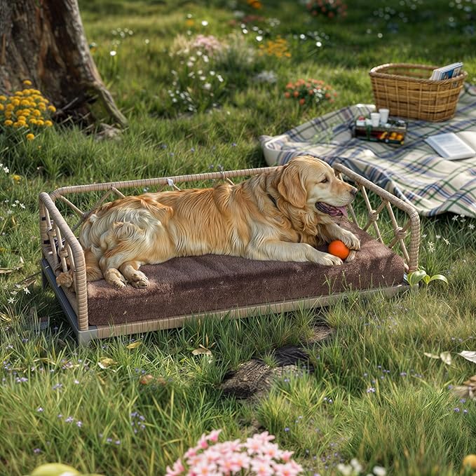 Dog Bed with Cushion, Cooling Elevated Raised Beds with Rattan Breathable Mesh and Universal Mat, Indoor & Outdoor Pet Cots for Large Dog, Brown