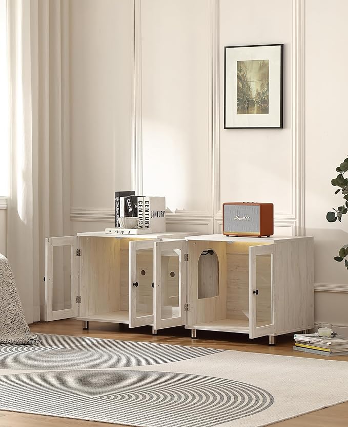 Double Cat Litter Box Enclosure for 2 Cats,Modern Double Litter Box Furniture with 7 Colors LED and Built-in Power Outlet,Large Cozy Cat Home,4 Glass Doors for Better Viewing, (White)