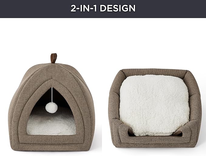 Bedsure Cat Beds for Indoor - 2 in 1 Cat Cave House Tent for Kittens and Small Pets with Removable Washable Cushioned Pillow, Foldable Kitten Hideaway with Non-Slip Bottom, Taupe, 16 inches
