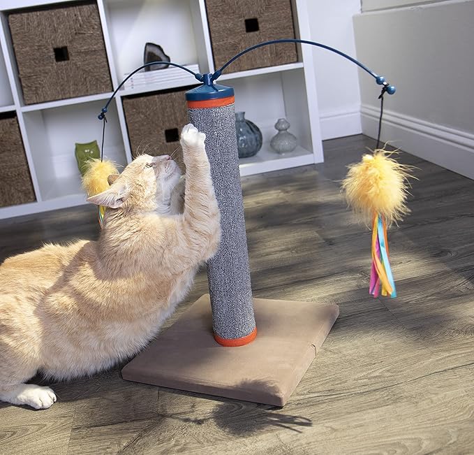 SmartyKat Scratch 'N Spin Carpet Cat Scratching Post with 2 Spinning Wand Toys, Plus 2 Replacement Wands - Gray & Blue