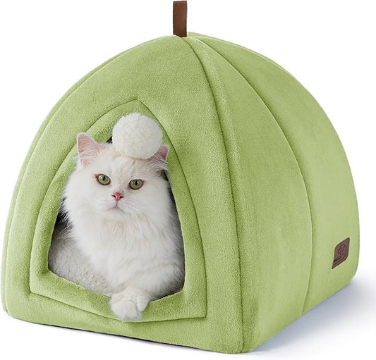 Bedsure Cat Beds for Indoor - 2 in 1 Cat Cave House Tent for Kittens and Small Pets with Removable Washable Cushioned Pillow, Foldable Kitten Hideaway with Non-Slip Bottom, Green, 16 inches