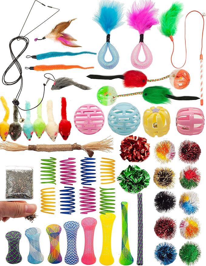 Fashion's Talk Cat Toys 50 Pcs for Indoor Cats,Interactive Door Hanging Mice Feather Toy Cat Spring Toy Cat Wand Catnip Crinkle Balls Silvervine Sticks Balls Kitten Toys Bulk