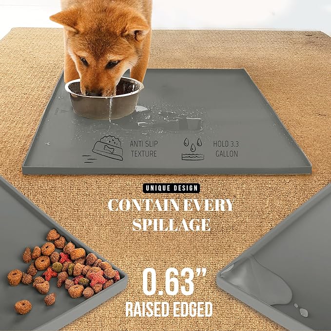 AVERYDAY 23x16'' Silicone Dog Mat for Food and Water, 0.63'' Edge Dog Food Bowl Mats for Floor Waterproof, Dogs Water Mat for Sloppy Drinker, Non Slip Rubber Pet Feeding Mats for Indoor Dogs and Cats
