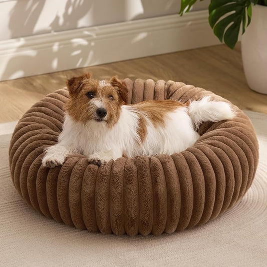 Bedsure Donut Small Dog Bed - Dog Beds for Small Dogs with Corduroy Fleece & Anti Slip Bottom, Round Faux Fur Pet Beds with Washable Removable Cover, Copper Brown, 27x27x8 inches