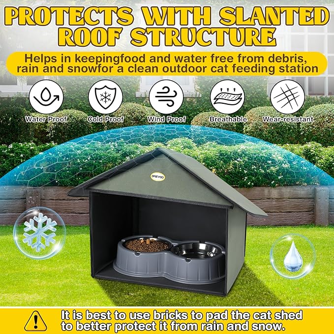 Dreyoo Cat Houses & Condos Outdoor Cat Feeding Station for Food & Water, Weatherproof Outdoor Kitty Dining Room Cats Shelter for Stray, Feral and Community Cats, 13”d x 17”w x 15.5'h(Dark Green)