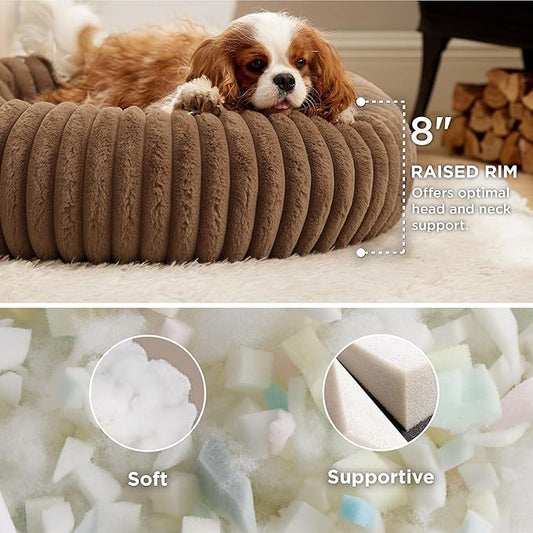 Bedsure Donut Medium Dog Bed - Washable Faux Fur with Corduroy Fleece & Anti Slip Bottom, Round Pet Bed with Removable Cover, Copper Brown, 30x30x8 inches