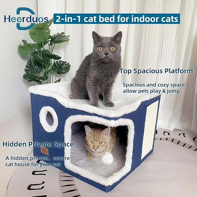 Cat Bed for Indoor Cats,Covered Cat Cave House & Furniture with Scratch Pad,Foldable Cat Hideaway Hut Cute Cat Condo with Soft Washable Mat for Multi Small Pet Under 30 lbs Navy Blue