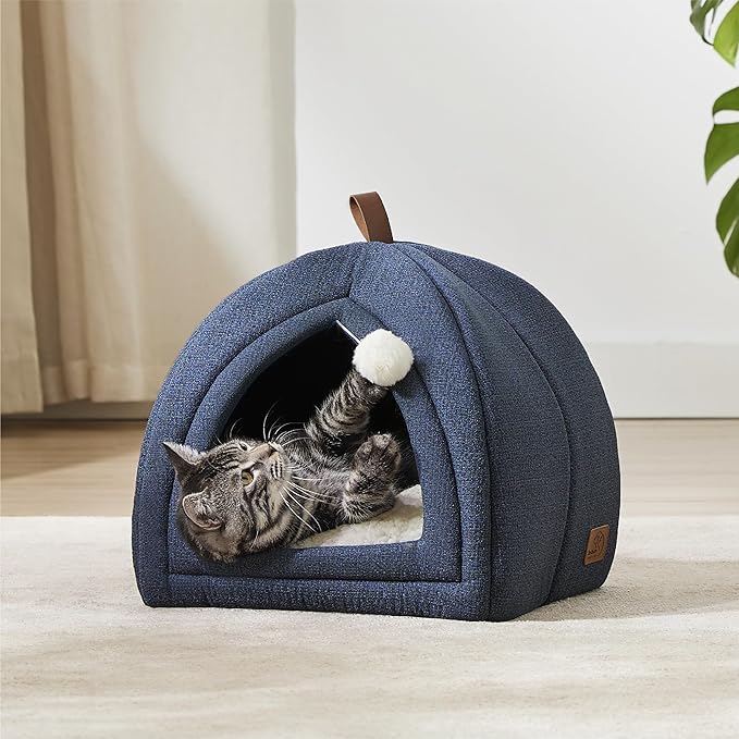Bedsure Cat Beds for Indoor - 2 in 1 Cat Cave House Tent for Kittens and Small Pets with Removable Washable Cushioned Pillow, Foldable Kitten Hideaway with Non-Slip Bottom, Navy, 16 inches