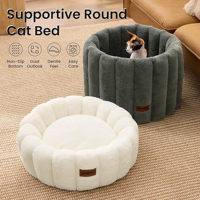 Plush Donut Kitten Beds, Round Small Dog Bed for Puppies, Anti-Slip Bottom, Beige