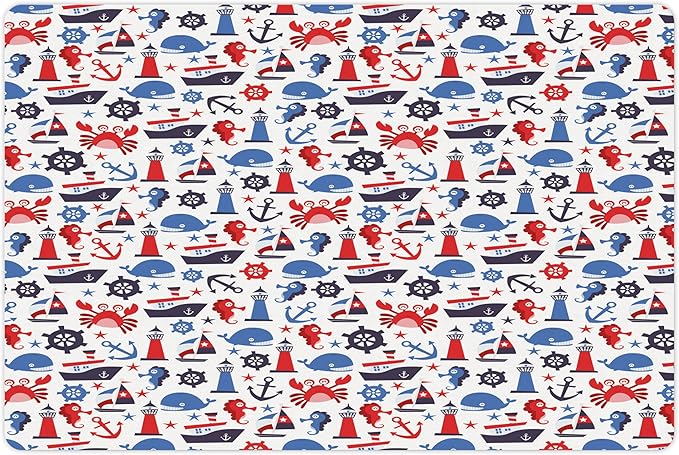 Lunarable Nautical Pet Mat for Food and Water, Steering Wheel Crab Cartoon Style Happy Fun Art Underwater World, Non-Slip Rubber Mat for Dogs and Cats, 18" X 12", Indigo Blue