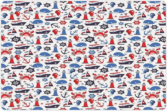 Lunarable Nautical Pet Mat for Food and Water, Steering Wheel Crab Cartoon Style Happy Fun Art Underwater World, Non-Slip Rubber Mat for Dogs and Cats, 18" X 12", Indigo Blue