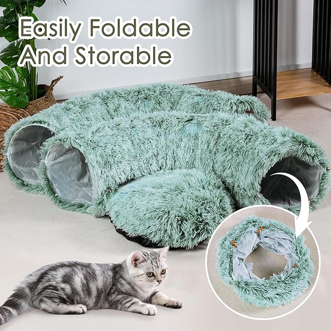 Cat Tunnel Bed for Indoor Cats, Catasaurus Peekaboo Cat Cave with Washable Soft Play Mat, Furry Cat Tube, for Kitten/Puppy/Rabbit, Green