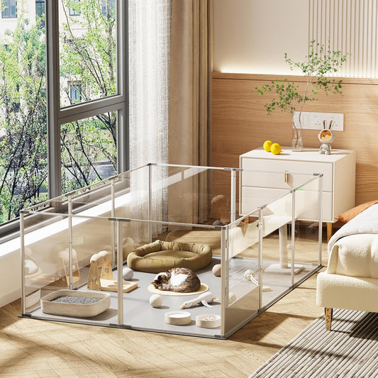 Dog Clear Playpen Fence Kennel: 10Panels Indoor Transparent Whelping Box Pen Cage with Waterproof whelping pad - Extra Long Acrylic Exercise Kennel with Metal Frame for Cats Puppy Rabbits Guinea Pig