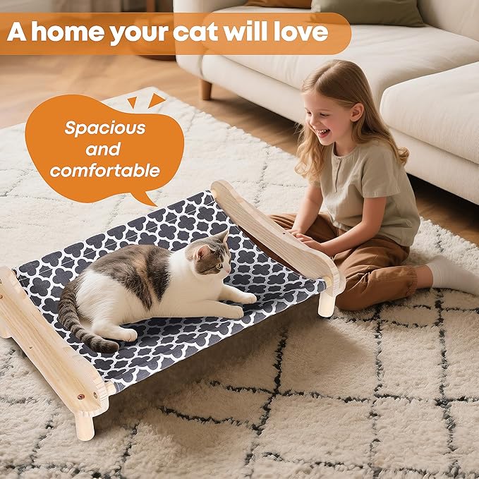 Elevated Wooden Cat Bed – 24"x15.7"x5.9" Breathable Hammock Pet Bed for Indoor/Outdoor Use, Raised Dog Lounger for Small Pets Like Kittens, Puppies, Rabbits, and Bunnies (Grey-1)