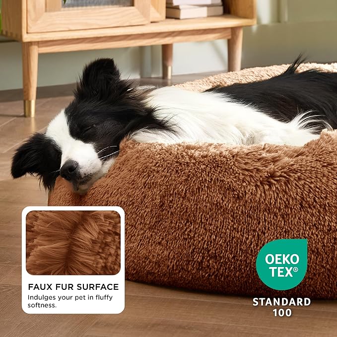 Bedsure Calming Dog Bed for Large Dogs - Donut Washable Large Pet Bed, 36 inches Anti-Slip Round Fluffy Plush Faux Fur Dog Bed, Fits up to 80 lbs Pets, Caramel