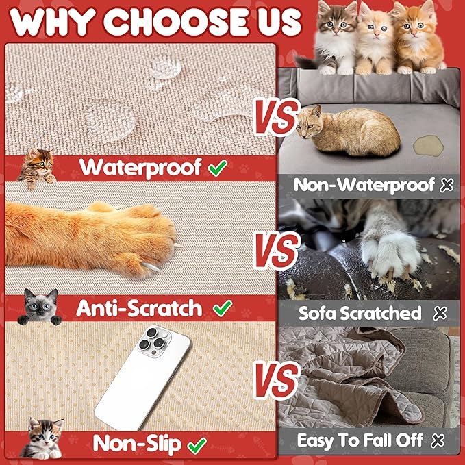 Loiion Cat Scratch Furniture Protector - Anti-Slip, Waterproof Sofa Cover to Keep Cats Off, Pet-Friendly Couch Protectors for 3 Cushion Couch, Anti-Scratch Couch Cover for Pets and Kids 134"X91"Khaki