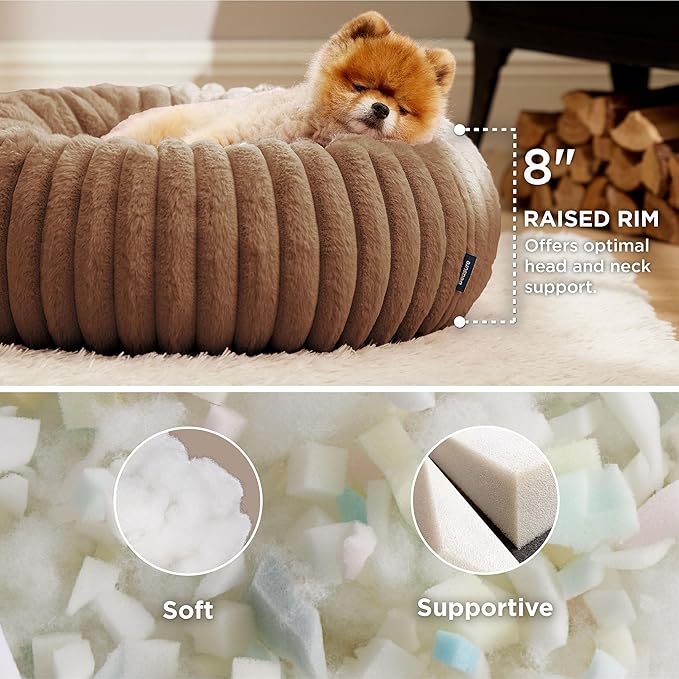 Bedsure Donut Small Dog Bed - Dog Beds for Small Dogs with Corduroy Fleece & Anti Slip Bottom, Round Faux Fur Pet Beds with Washable Removable Cover, Copper Brown, 23x23x7 inches