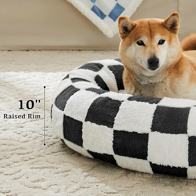 Checkered Dog Bed, Cute Black White Retro Style Aesthetic Round Warming Pet Calming Beds for Small Dog and Cats, Plush Cozy Donut Dog Beds Washable, 30" L x 30" W x 8" Th