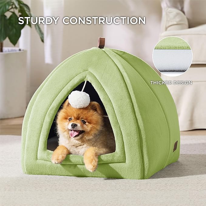 Bedsure Cat Beds for Indoor - 2 in 1 Cat Cave House Tent for Kittens and Small Pets with Removable Washable Cushioned Pillow, Foldable Kitten Hideaway with Non-Slip Bottom, Green, 17.3 inches