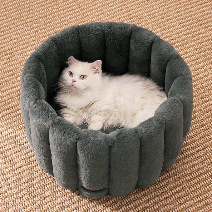 Cute Cat Beds for Indoor Cats, Striped Small Donut Dog Bed for Puppy and Kitten, Anti-Slip Bottom, Grey