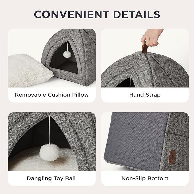 Bedsure Cat Beds for Indoor - 2 in 1 Cat Cave House Tent for Kittens and Small Pets with Removable Washable Cushioned Pillow, Foldable Kitten Hideaway with Non-Slip Bottom, Grey, 16 inches