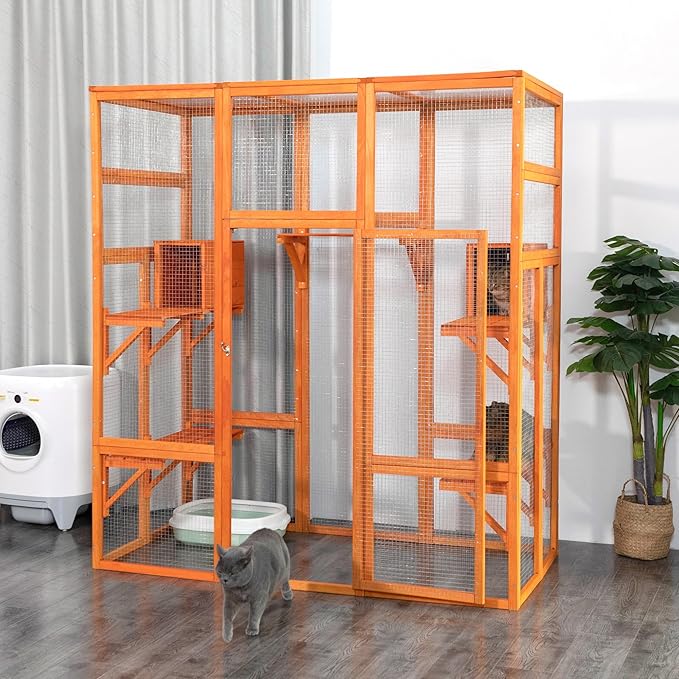 Large Wooden Catio Outdoor Cat Enclosure - Cat Play & Run Enclosures Indoor Kitty Window Catio with Waterproof Roof, 7 Platforms & 2 Resting Box, UV Resistant, 62.5" L x 32.5" W x 70" H, Orange
