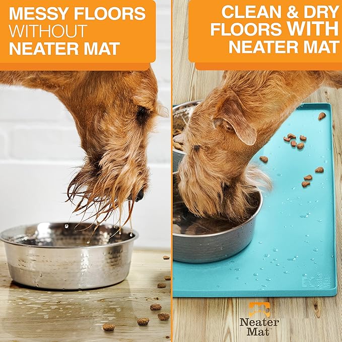 Neater Pet Brands Neater Mat Pet Mats for Food and Water, Cat & Dog Bowl Mat Waterproof Silicone, Feeding Tray, Dog Food Mats for Floors, Placemat w/Raised Edge for Under Bowls, 32" x 24", Aquamarine