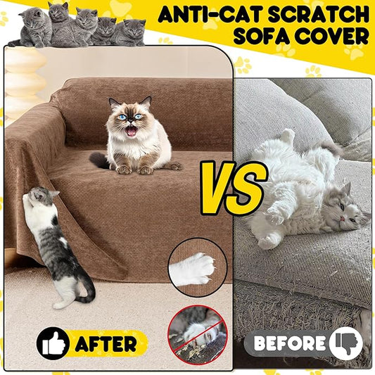 Cat Scratch Furniture Protector - Anti-Slip, Waterproof Sofa Cover to Keep Cats Off, Pet-Friendly Couch Protectors for 3 Cushion Couch, Brown Anti-Scratch Couch Cover for Pets and Kids 134"X71"